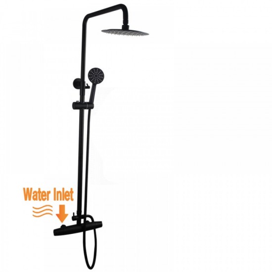 8 inch Round Matt Black Twin Shower Set With Sliding Rail Diverter Mixer Tap Bottom Water Inlet